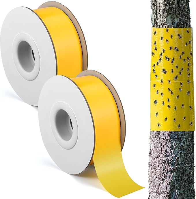 2 Rolls Double-Sided Yellow Sticky Tree Tape 2 Inch Wide x 330 Ft Spotted Lantern Fly Trap for Outdoor Indoor Trees Fruit Plants Gardens Pest Control for Aphids Ants Moths