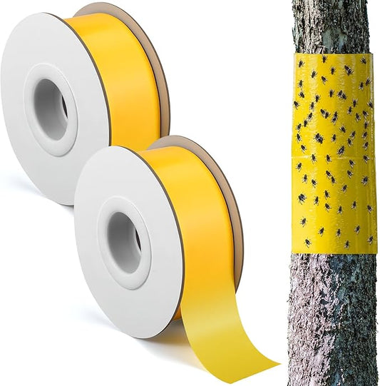 2 Rolls Double-Sided Yellow Sticky Tree Tape 2 Inch Wide x 330 Ft Spotted Lantern Fly Trap for Outdoor Indoor Trees Fruit Plants Gardens Pest Control for Aphids Ants Moths