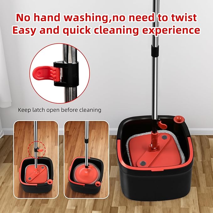 Spin Mop and Bucket Set with Separation Dirty and Clean Water System, Self Wringing 360° Rotating Clean Mop-Head and Bucket Set for Hardwood Tile Marble Floor with 6pc Replaceable Mop Pads
