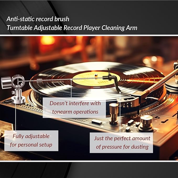 Tellegloww 2 Set Adjustable Anti-static Cleaning Arm and Carbon Fiber Cleaning Brush for Vinyl Record, Universal Fit Turntable LP Accessories Automagically Removes Dust and Static As LP Plays