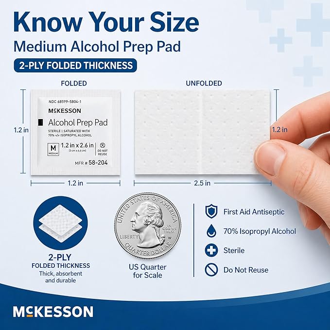 McKesson Alcohol Prep Pads, (200 Count) - Sterile, Individually Wrapped Wipes, 70% Isopropyl Alcohol, Medium Size, 2-Ply, Medical Grade, First Aid, 1 Box