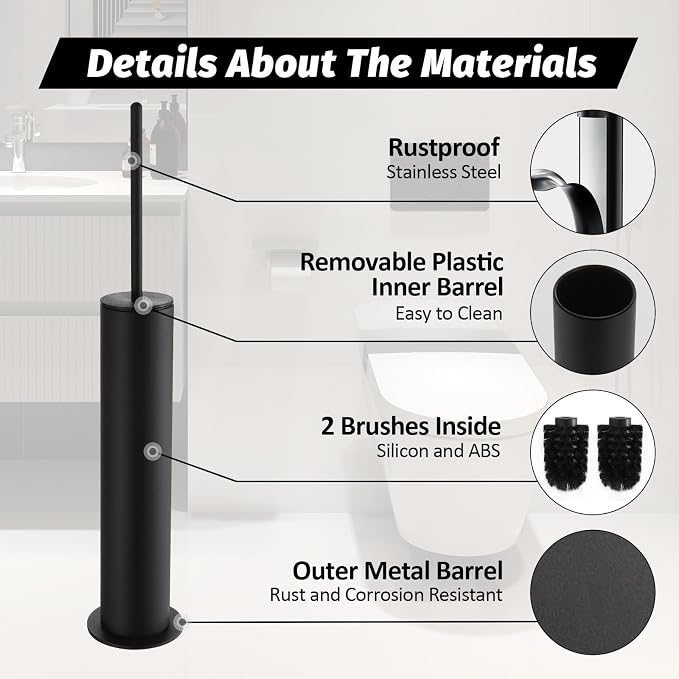 BGL Toilet Brush with Holder Set Matte Black Aluminium Standing for Bathroom Toilet Bowl Cleaner Brush and Holder Set, Round Design