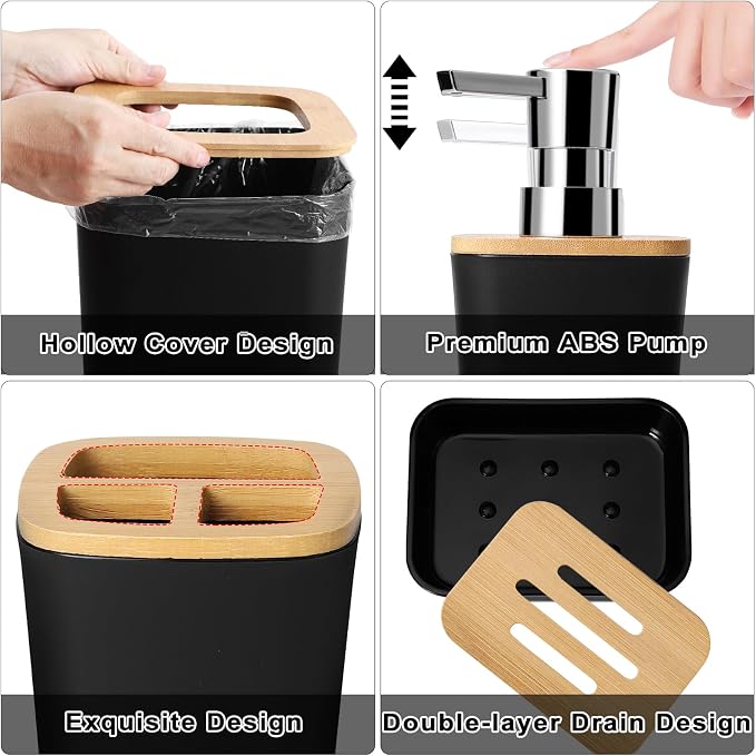 Black Bathroom Accessories Set, 9 Piece Bathroom Set with Trash Can Black Bath Set