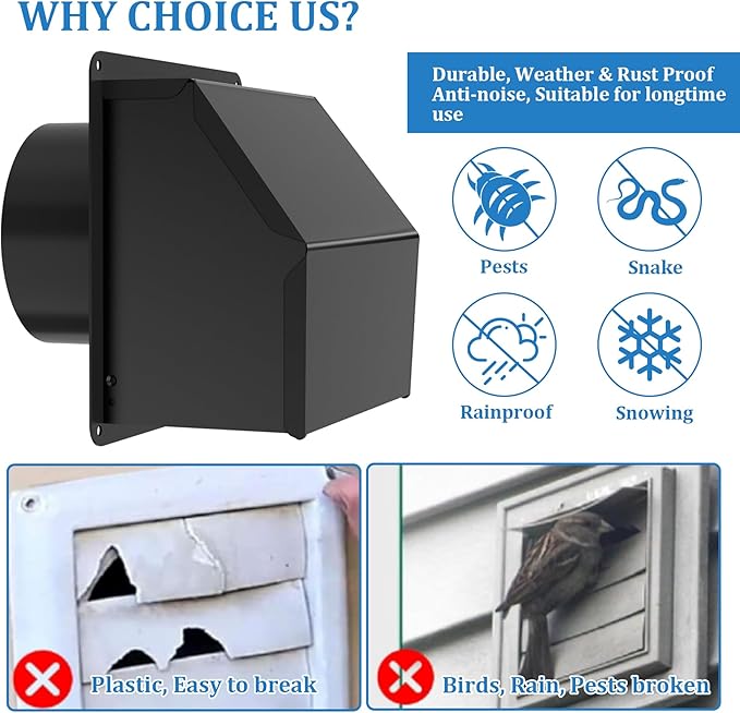 4 inch Dryer Vent Cover Outdoor,Wall Vent Cover for Dryer Outside with Rubber Cushioned Non Return Flap - Galvanized Steel Exhaust Vent Cover External Cap for Dryer Ducting/House/Range Hood/AC Black