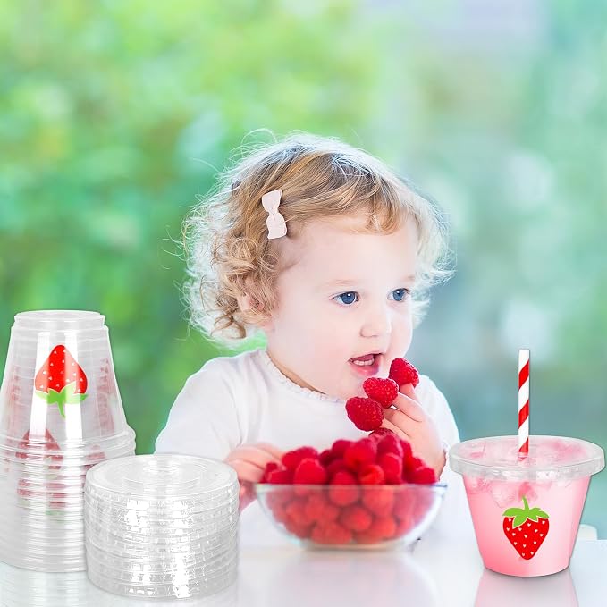 Whaline 100Pcs Strawberry Disposable Plastic Cups with Lids and Straws 9oz Party Cups Red Strawberry Cold Beverage Drinking Cups for Iced Coffee Smoothie Juice Tea