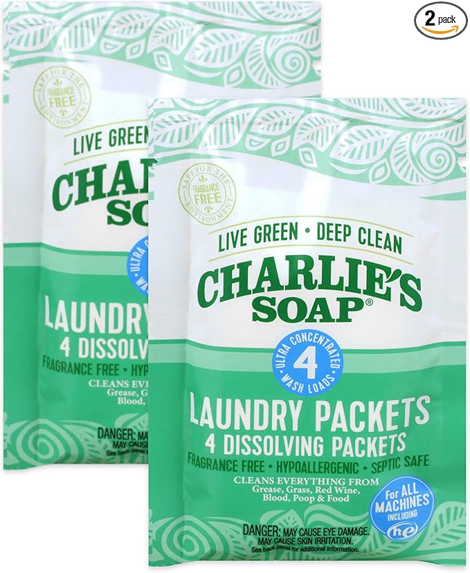 Charlie's Soap - Unscented Laundry Packets - Travel Size (2 Pack, 8 Total Loads)