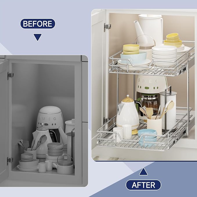 2-Tier Pull Out Cabinet Organizer, 15.5" W x 21.5" D, Heavy Duty Dual Slide Out Shelves for Base Cabinets, Chrome Wire Basket Drawer for Pantry, Kitchen & Bathroom Storage