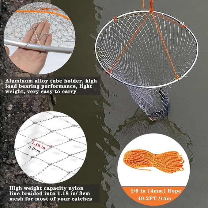 Drasry Large Collapsible Bridge Pier Fishing Net Landing Net with Rod, High Load Aluminum Ring Drop Net for Saltwater and Freshwater Pier Fishing Basket with 49.2 ft. Rope