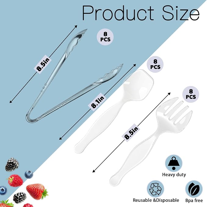 24 Pcs Large Plastic Serving Utensils Set - Serving Tongs, Serving Forks, Serving Spoons - Heavy Duty Disposable Serving Utensils for Parties, Buffet, Catering Supplies (Clear, 24 Pcs)