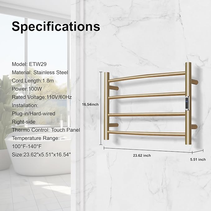 Towel Warmer Bathroom Wall Mounted Drying Rack Plug-in Electric Heated Towel Rack Stainless Steel Gold with Timer & Temperature Control 4 Bar