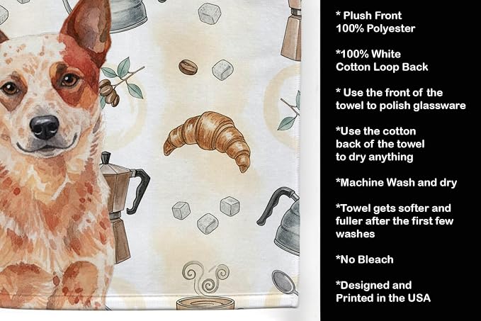 Caroline's Treasures Red Heeler Australian Cattle Dog Coffee Bar Kitchen Towel Velour Plush Front and Cotton Loop Back Machine Washable