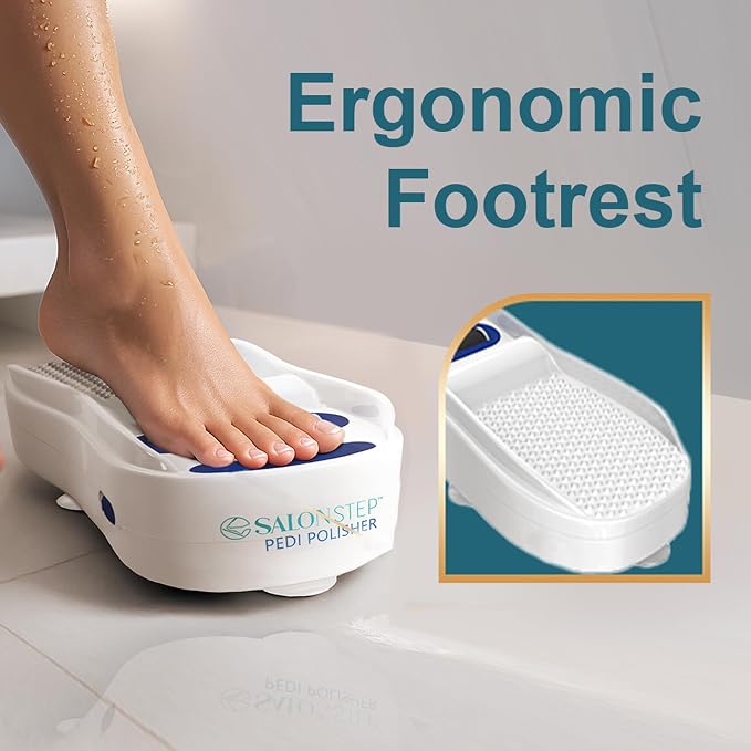 Salon Step Pedi Polisher – Hands-Free Foot Exfoliator for Shower or Dry Use, Waterproof Smoother with 360 Spinning Buffer, Suction Base for Stability, at-Home Pedicure Tool