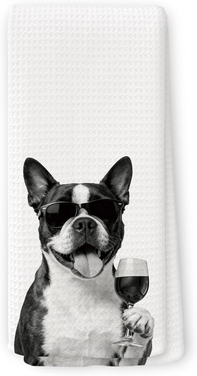 Funny Boston Terrier Wine Kitchen Towels, Gifts for Dog Wine Lovers, Bar Accessories Dish Tea Towels for Kitchen, Dog Owners Housewarming Gift Decorative Hand Towel 16x24 Inch