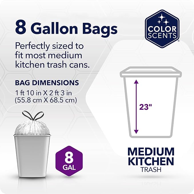 Color Scents Medium Trash Bags - 8 Gallon, 200 Total Bags (8 Packs of 25 Count), Drawstring - Silver Bag in Simply Clean Scent with Microban