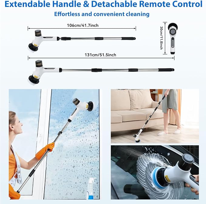 11 in 1 Electric Spin Scrubber Cordless Shower Scrubber with 2 Adjustable Speeds Spray Shower LED Display Shower Cleaner Brush with Long Handle for Bathroom Floor Tub Tile Toilet IPX7 Waterproof | Shower Scrubbe LED Display Shower Cleaner Brush with Lo...