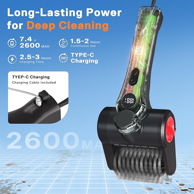 Electric Grill Brush, 100W High Power Cordless BBQ Cleaner with 300ml Water Spray Tank, IPX8 Waterproof Automatic Scrubber for Gas Charcoal Grills, 2-Speed Rechargeable Power Brush with Scraper