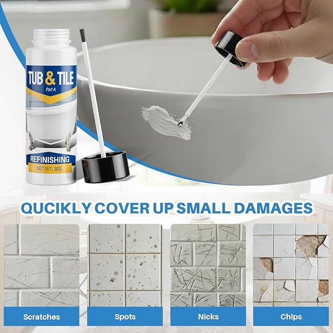 Tub and Tile Paint, 1.3 oz Tub Paint for Bathtub, 1-Part Bathtub Touch Up Paint White for Sink Bathroom Kitchen Countertop, Water Based & Low Odor, Semi-Gloss white, 1.5-1.7 sq ft (No Need Part B)