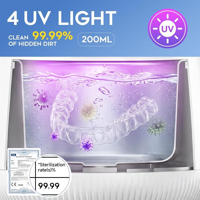 Ultrasonic Retainer Cleaner Machine, Dynamic 42-48kHz Dental Cleaning Pod with Digital Timer, 200ml Mouth Guard Cleaner Pod for Aligners, Night Guards, Dental Trays, Braces & Toothbrushes (White)