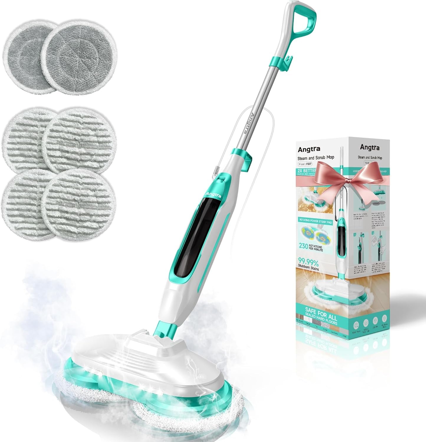 Scrubbing Steam Mop with Rotating Mop Pads, All-in-One Hard Floor Cleaner with LED Headlights, Steam & Spin Control, 6 Soft Scrub Pads, Swivel Steering, FS07