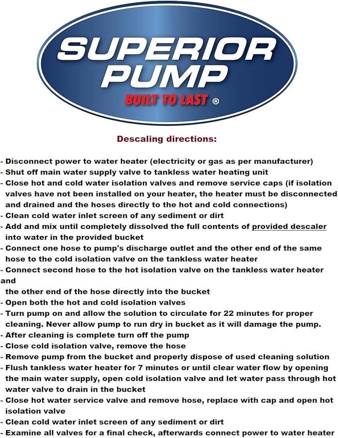 Superior Pump 91658 Tankless Water Heater Pump Kit with Non-Toxic Descaler Solution, 2 Gallon, Select, White