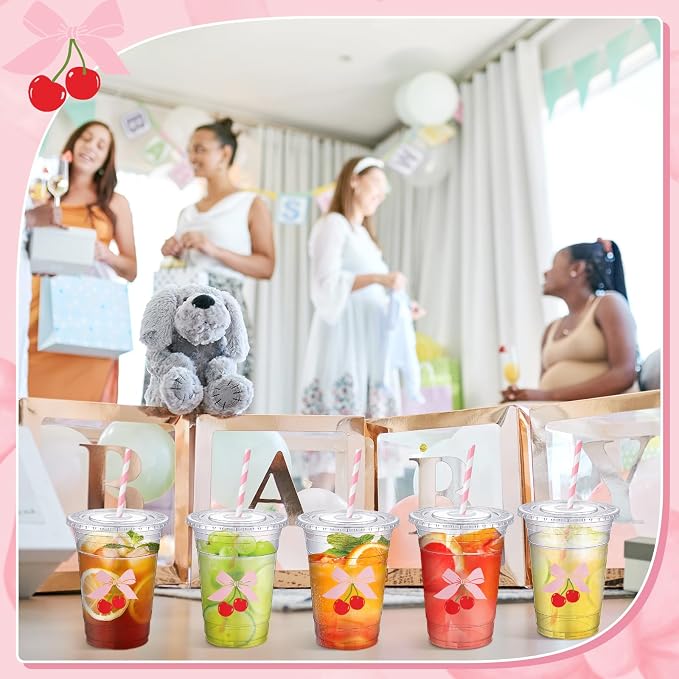 Sliner 50 Pcs 16 oz Coquette Disposable Plastic Cups with Straw for Pink Bow Cherry Party Supplies Bow Cups Birthday Wedding Bridal Engagement Party Drinkware Baby Shower Decoration