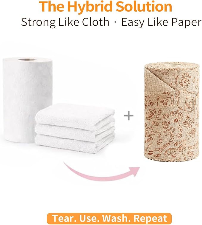 Microfiber Cleaning Cloth Roll, 50-Count Reusable Durable Absorbent Lint-Free Non-Scratch Towels, Dish Rags for Kitchen & Home, Studio, Multi-Purpose, Food Pattern, 12x12 in