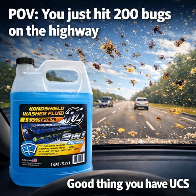 UCS Windshield Washer Fluid 2-in-1 Bug Remover – Ready to Use Formula – Streak-Free Cleaning – Removes Dirt & Road Grime – 1 Gallon (128 fl oz) Methanol-Free