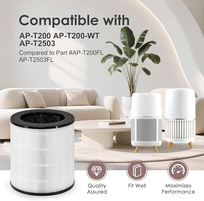 AP-T200FL Replacement Filter Compatible with HoMedics Air Purifier AP-T200 AP-T2503 AP-T200-WT, Compared to Part # AP-T200FL, 3-in-1 H13 True HEPA Activated Carbon, 2-Pack