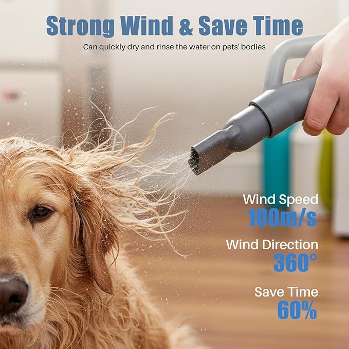 DUMOS Pet Grooming Blow Dryer, Low Noise Dog Hair Dryer with Adjustable Wind Speed & Heater Temperature, Cool-Warm-Hot Cycle Mode, 4 Nozzles, 6.5 FT Cord, Grey