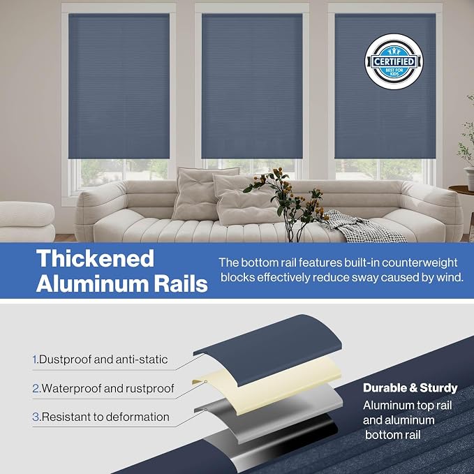 No Drill Cellular Shades, Dark Blue Custom Size Cordless Light Filtering Pull Down Pleated Honeycomb Blind Thermal Insulated Easy Install for Indoor Window Bedroom Living Room Kitchen Door