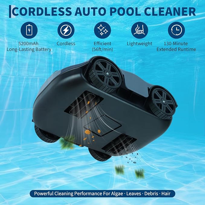 GarveeTech Robotic Pool Cleaners Cordless Robotic Pool Cleaner for Above Ground Pools - 130 Min Runtime, Self-Charging, Cleans Up to 860 Sq Ft, Lightweight & Portable Design