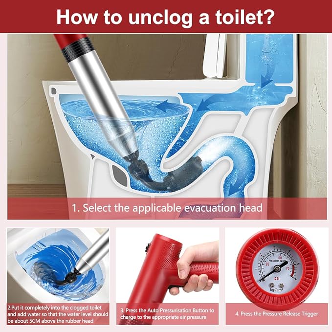 Electric Toilet Plunger High Pressure Electric Air Drain Blaster Gun with Visual Barometer，Air Power Plunger for Bathroom,Kitchen Bathtub Toilet Floor Drain Clogged Pipe