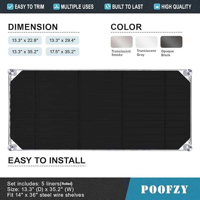Poofzy Wire Shelf Liner 14" X 36", Non-Adhesive Plastic Shelf Liners for Wire Shelving, Waterproof Protector Mats (4PK, Black)