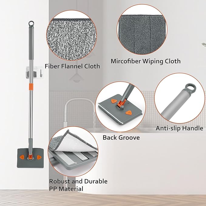 Wall & Base Board Cleaner Tool with 360°Rotating Mop Head, 180°Folding Design for Effortless Baseboards/Ceilings/Wall Cleaning - Adjustable Long Handle Multi-Surface Scrubber & Duster