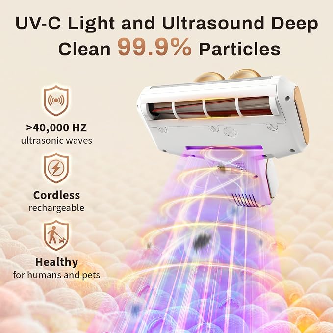 Cordless Mattress Vacuum Cleaner, 16Kpa Bed Vacuum with 253.7nm UV-C Light & Ultrasonic Tech, HEPA Filter, Portable Handheld Vacuum for Bed Sofa Couch Crib & Pet Hair (White)
