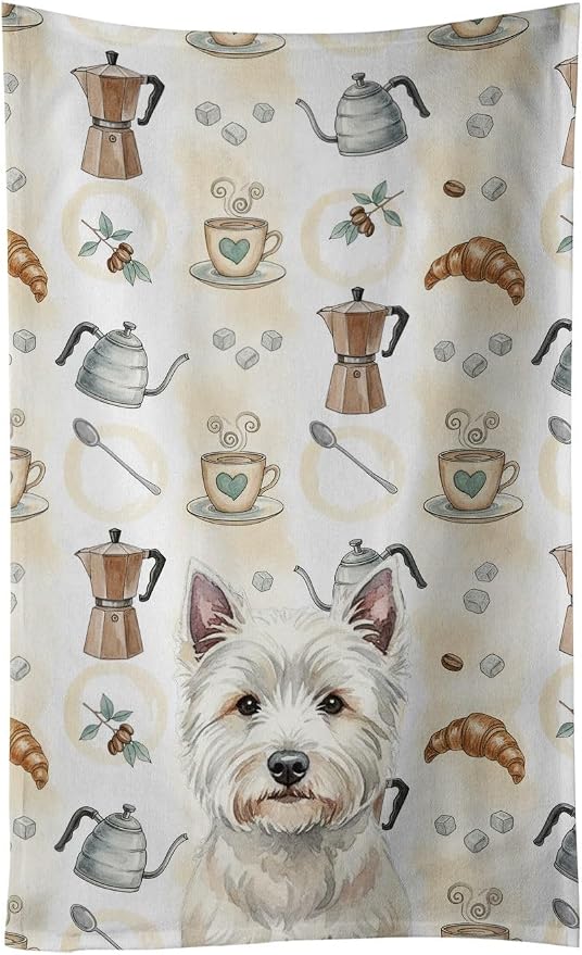 Caroline's Treasures Westie Coffee Bar Kitchen Towel Velour Plush Front and Cotton Loop Back Machine Washable