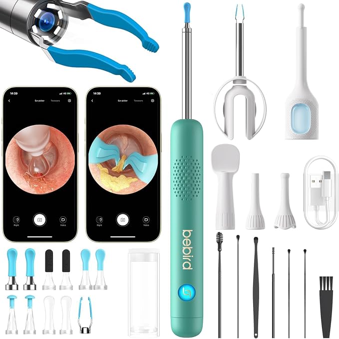 BEBIRD R1 Ultra Ear Wax Removal, Ear Cleaner with Camera Ear Scope, Wax Remove Ear Pick with Ear Otoscope Tweezers, Visual Dropper Cleaning Kit, Ear/Nose/Throat Examination Tool for Family, Green