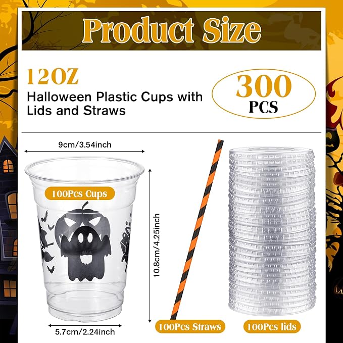 Yaomiao 300 Pcs 12 oz Halloween Plastic Party Cups with Lids and Straw Happy Halloween Plastic Cup Halloween Disposable Clear Cups Whiskey Party Cups Black Pumpkin Witch Drinking Set for Party Supply