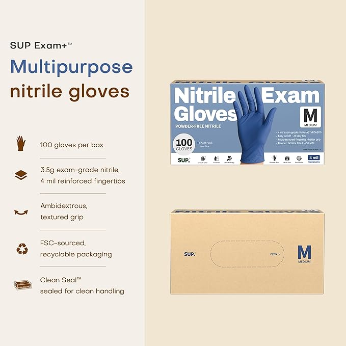 SUP Nitrile Exam Gloves, Powder-Free Latex-Free Food Safe Disposable Glove for Medical Lab Cooking Cleaning, Med Blue 1000 Ct