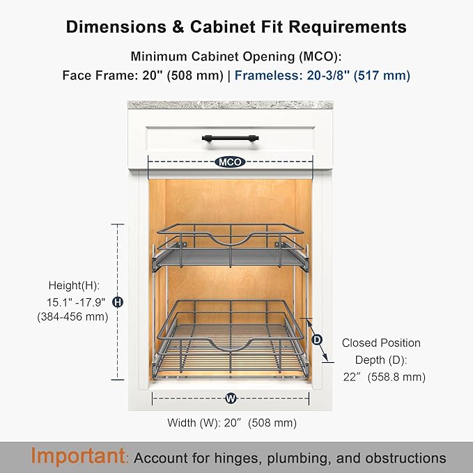 2 Tier Pull Out Cabinet Organizer - 20" W x 22" D Soft Close Slide Out Shelves with Shelf Liners - Pullout Drawers for Kitchen Cabinets, Pantry, Bathroom, Heavy Duty Steel Wire Baskets