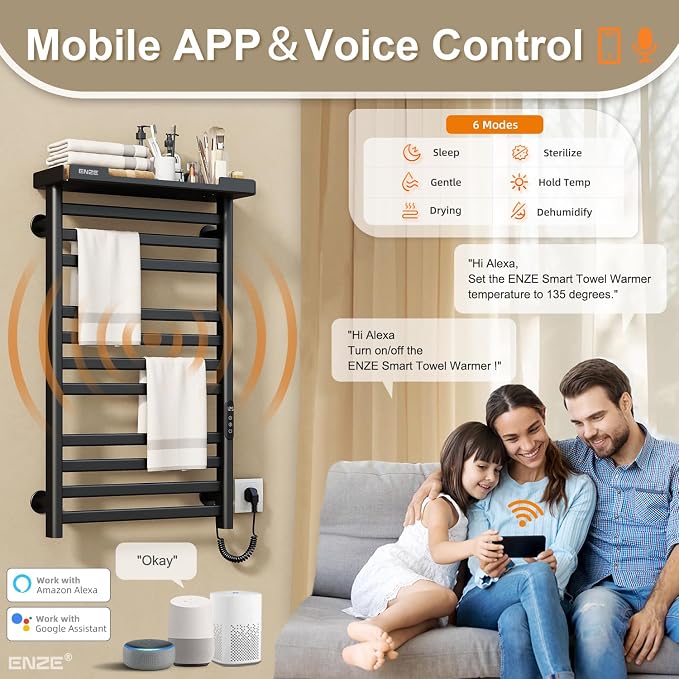 ENZE Smart Heated Towel Rack, 11-Bar Wall-Mounted Electric Towel Warmer with Shelf, Wi-Fi App Control, Adjustable Temperature & 24H Timer, Low Carbon Steel, IPX5, Plug-in/Hardwired, Matte Black