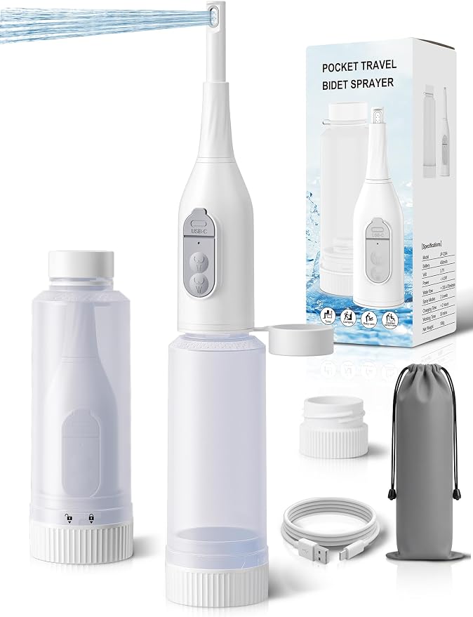 Portable Bidet for Travel – Electric Peri Bottle with Dual Spray Modes, 360° Nozzle, Water Bottle Adapter, USB Rechargeable, Waterproof, Travel Bidet for Postpartum & Personal Hygiene