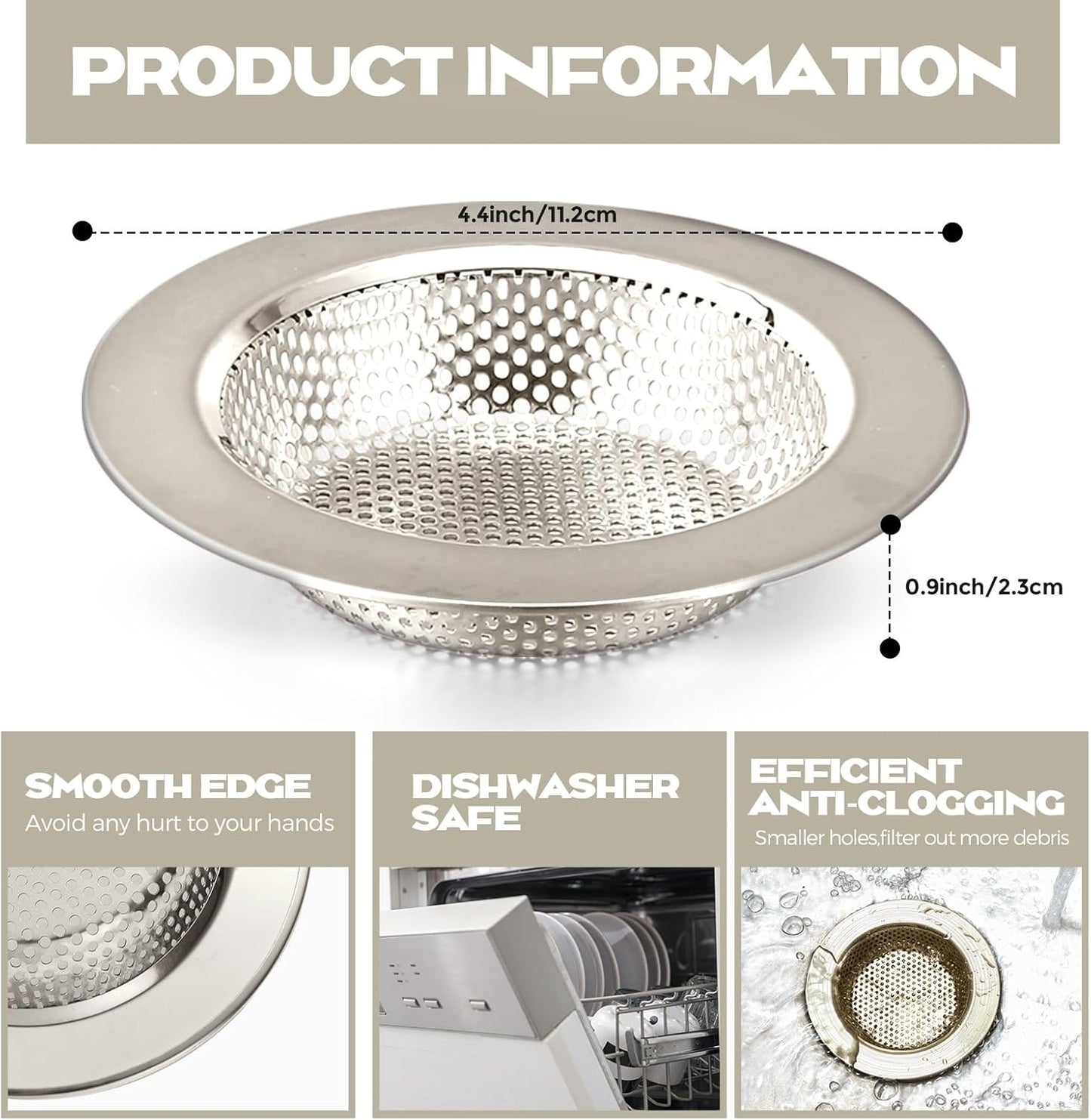 Retisee 2 Pcs Sink Strainer Stainless Steel Kitchen Sink Drain Strainer Basket Cover Mesh Hair Food Catcher, Large Wide Rim of 4.4 Diameter(Brushed Silver)