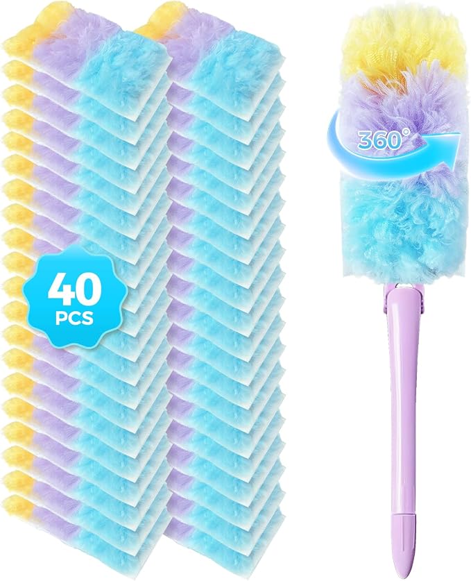 40Pcs Heavy Duty Duster Refills &1Handle, 360 Disposable Duster | 360° Feather DusterMultisurface Dusters with 4X Microfibers,Static Dust Removal Brush Compatible for Cleaning Furniture