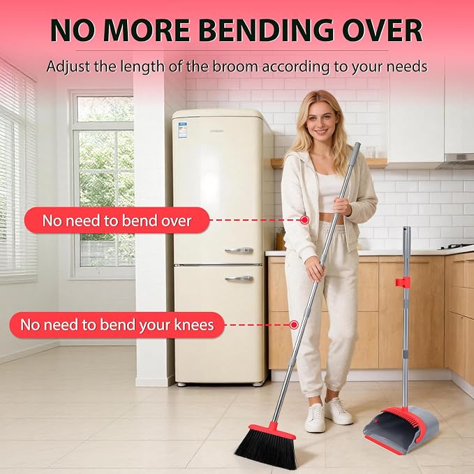 YZO Broom and Dustpan Set, 50.6-Inch Long Handle Standing Design, Dustpan Front Rubber Tight Seal, Broom with 5-Layer Bristles, Suitable for Living Room, Bedroom, Yard, Office and Apartment(Gray&Red)