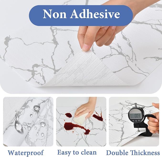 Drawer and Shelf Liner for Kitchen Cabinet: 23.6 in X 30 Ft Non Slip Waterproof Shelf Paper Non Adhesive Refrigerator Liners Silver Marble Easy Liners for Bathroom with Knife Tape Measure