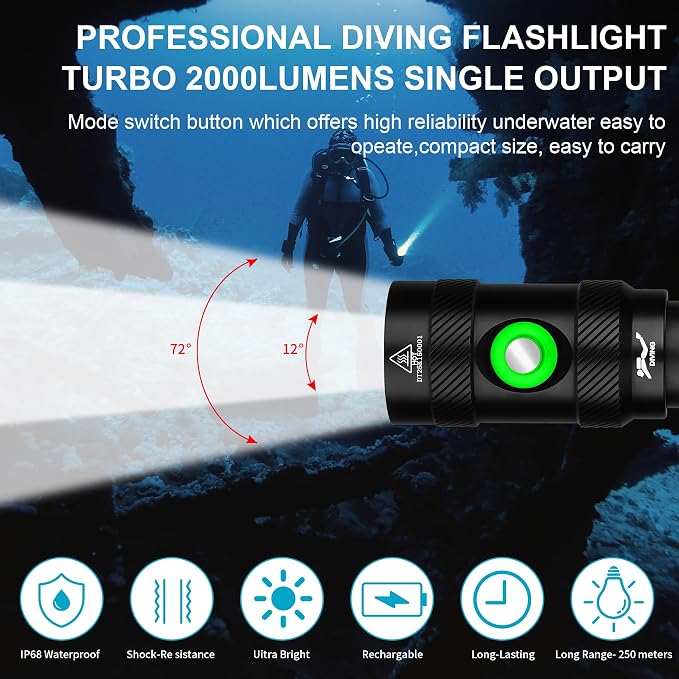 Diving light 4000 lumens with SOS signal diving flashlight, spotlight flashlight, underwater diving light IP68 waterproof, suitable for 150 meters night diving, cave diving, and scuba diving equipment