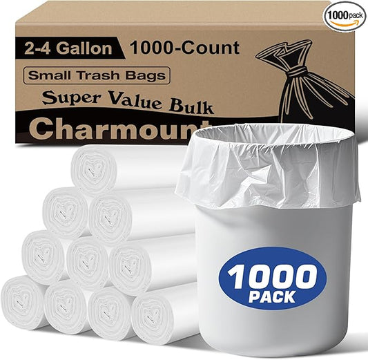 Charmount Small Trash Bags 2-4 Gallon 1000 Count, Unscented White Plastic Wastebasket Liners for Bathroom, Mini Garbage Can or Bin