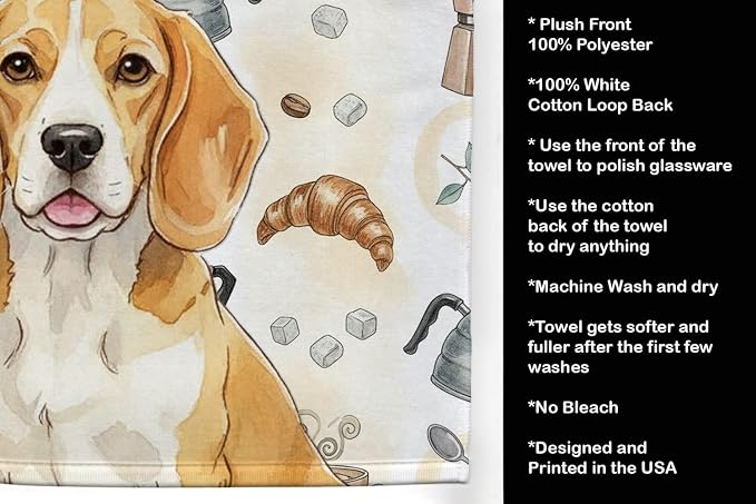 Caroline's Treasures Lemon and White Beagle Coffee Bar Kitchen Towel Velour Plush Front and Cotton Loop Back Machine Washable