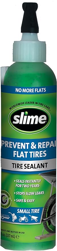 Slime 10007 Flat Tire Puncture Repair Sealant, Prevent and Repair, Small Tubeless Tires, Non-Toxic, eco-Friendly, 8 oz Bottle